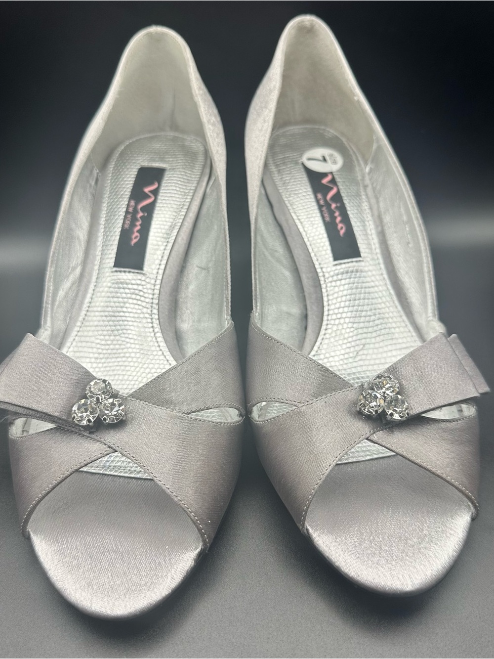 Nina Silver Satin Peep-Toe Flats with Crystal Bow Accent
